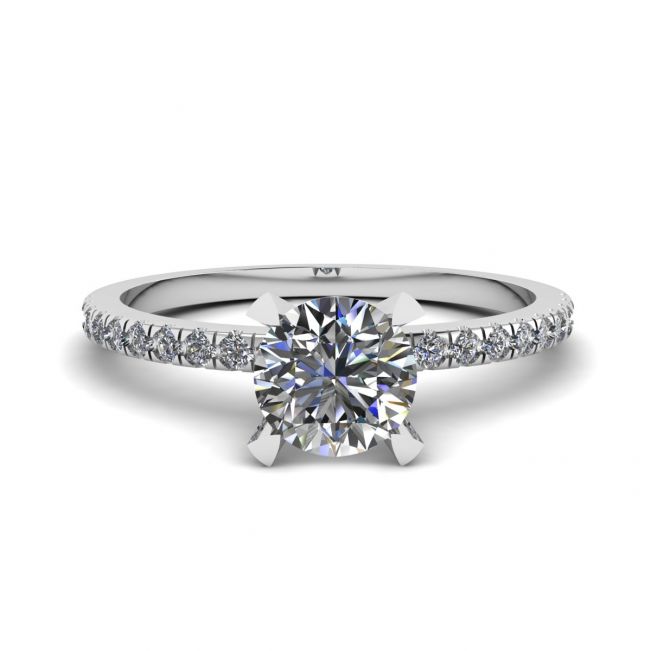 Classic Round Diamond Ring with thin side pave White Gold