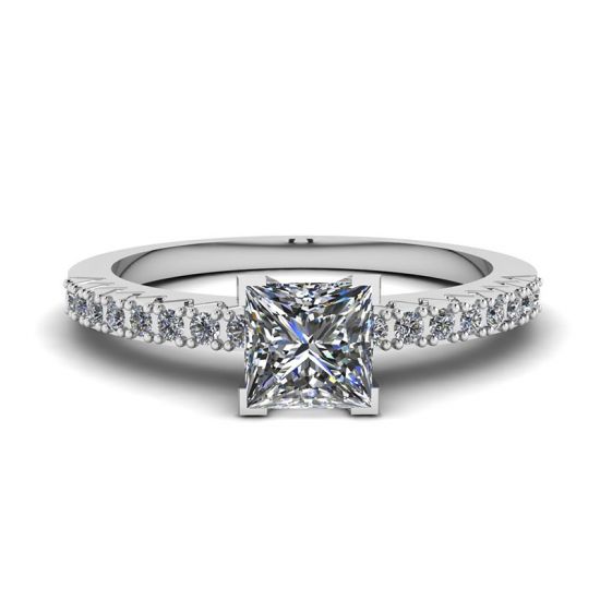 Princess Cut Diamond Ring in V with Side Pave, Image 1