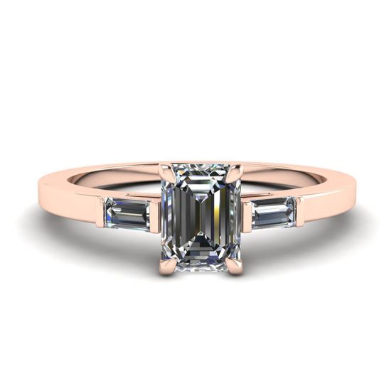 Emerald Cut and Side Baguette Diamond Ring Rose Gold, Enlarge image 1