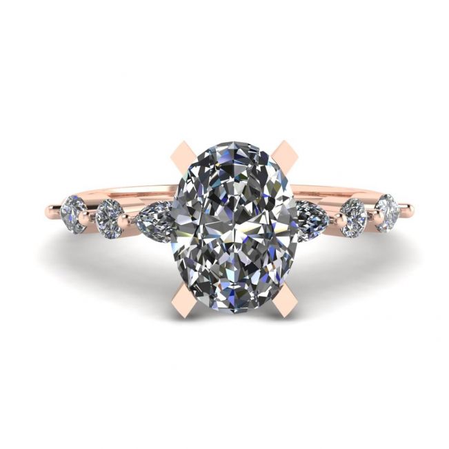 Oval Diamond Side Marquise and Round Stones Ring Rose Gold