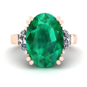 Oval Emerald with Half-Moon Side Diamonds Ring Rose Gold