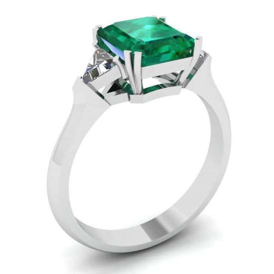 3 carat Emerald Ring with Triangle Side Diamonds White Gold,  Enlarge image 4