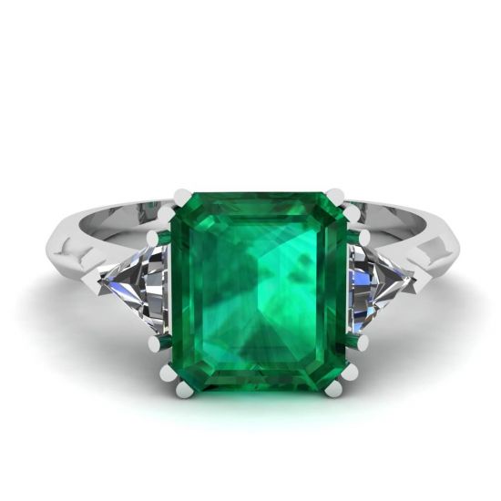 3 carat Emerald Ring with Triangle Side Diamonds White Gold, Enlarge image 1