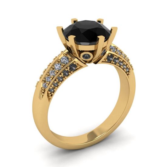 6-Prong Black Diamond with Duo-color Pave Ring  Yellow Gold,  Enlarge image 4