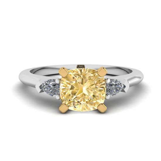 Cushion Yellow Diamond with Side White Pears Ring, Enlarge image 1