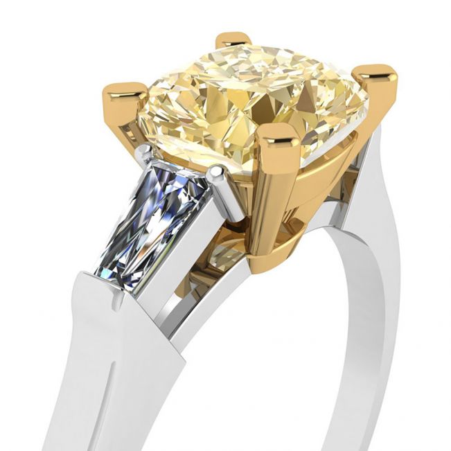 Cushion Yellow Diamond with White Baguettes Ring - Photo 1