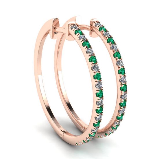 Diamond and Emerald Hoop Earrings Rose Gold, Enlarge image 1