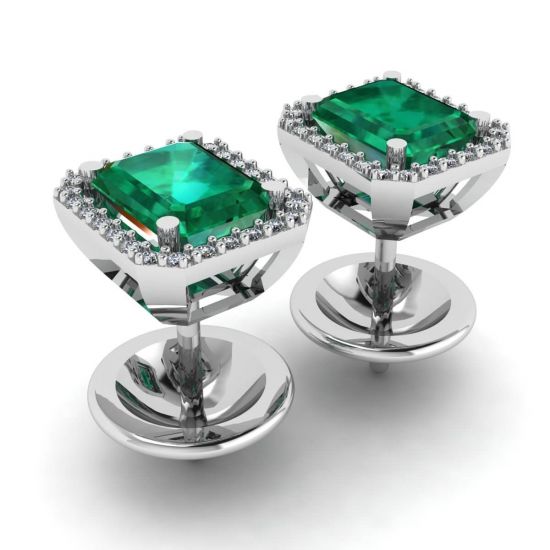 2 carat Emerald with Diamond Halo Stud Earrings White Gold,  Enlarge image 3