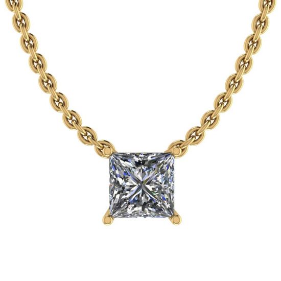 Princess Diamond Solitaire Necklace on Thin Chain Yellow Gold, Enlarge image 1